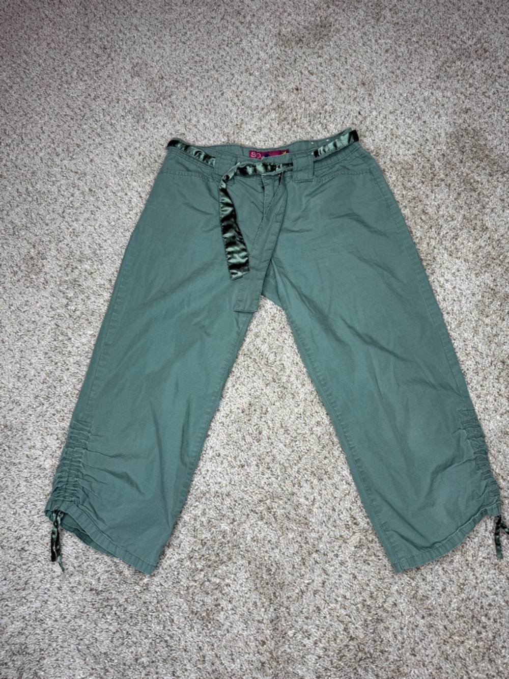 So real brand Faded Olive Green Cropped Cargo Pants with Satin Tie